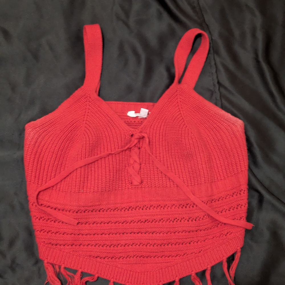 No Boundaries Red Knit Fringe Tie-Front Camisole